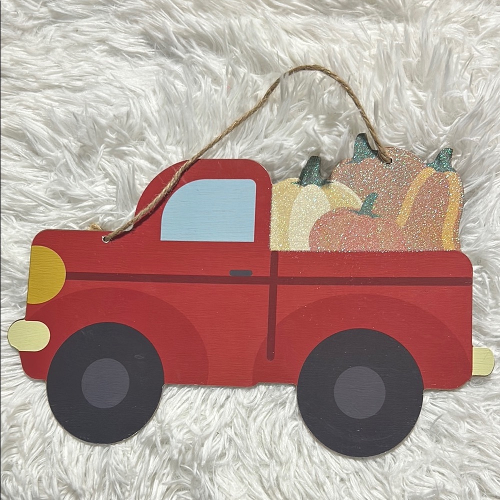🩶5/$30 Red Farm Truck with Glittered Pumpkins Hanging Door Wall Hanging Decor